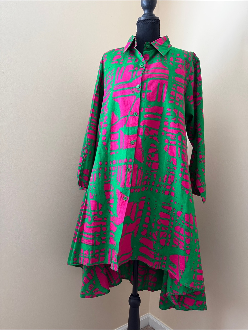 Green and Pink Abstract High-Low Shirt Dress